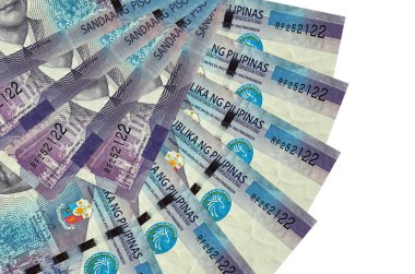 100 Filipinli piso banknotları beyaz arka planda izole edilmiş, fotokopi alanı da yakın planda tutuluyor. Finansal işlemler kavramı