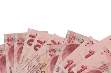Ekranın alt tarafında bulunan 10 Türk lirası banknotlar, beyaz zemin üzerinde kopyalanmış olarak duruyor. Paralı iş kavramları için arkaplan afişi şablonu