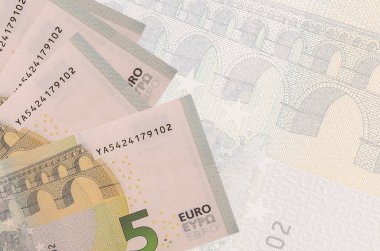 Büyük yarı şeffaf banknotun arka planında 5 avroluk banknotlar duruyor. Kopyalama alanı olan soyut iş arkaplanı