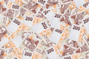 200 Çek korun banknotu büyük bir yığın halinde duruyor. Zengin yaşam kavramsal geçmişi. Büyük miktarda para.