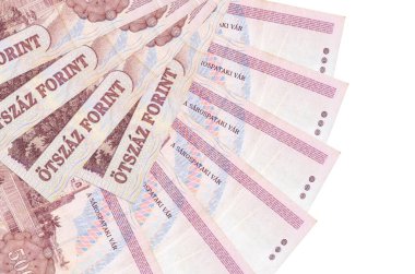 500 Macar forint banknotları beyaz arka planda izole edilmiş, fotokopi alanı da yakın planda. Finansal işlemler kavramı