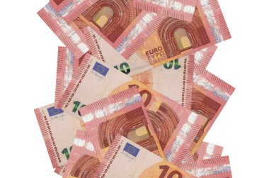 10 avroluk banknotlar beyazlar üzerinde izole halde uçuyor. Birçok banknot sol ve sağ tarafta beyaz kopya alanı ile düşüyor
