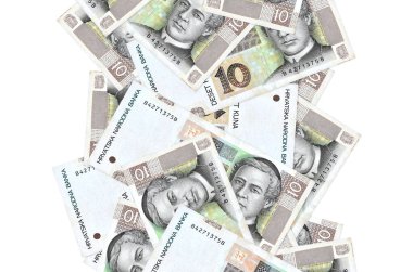 10 Hırvat kuna tasarısı beyazın üzerinde izole bir şekilde aşağı uçuyor. Birçok banknot sol ve sağ tarafta beyaz kopya alanı ile düşüyor
