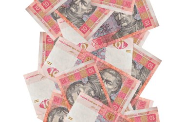 10 Ukrayna hrivniası banknotları beyazın üzerinde izole bir şekilde uçuyor. Birçok banknot sol ve sağ tarafta beyaz kopya alanı ile düşüyor