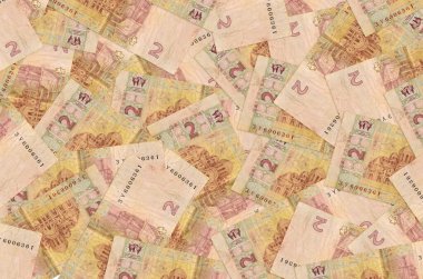 İki Ukrayna hrivniası banknotu büyük bir yığın içinde yatıyor. Zengin yaşam kavramsal geçmişi. Büyük miktarda para.