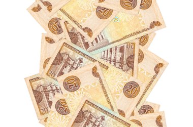20 Dominik pezosu beyazın üzerinde tek başına uçuyor. Birçok banknot sol ve sağ tarafta beyaz kopya alanı ile düşüyor