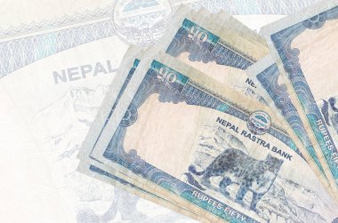 50 Nepal rupi banknotları büyük yarı şeffaf banknotların arka planında duruyor. Ulusal para biriminin soyut sunumu. İş konsepti