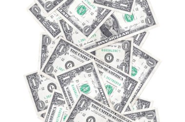 Beyaz üzerinde 1 Amerikan doları uçuyor. Birçok banknot sol ve sağ tarafta beyaz kopya alanı ile düşüyor