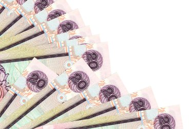 20 Sri Lanka rupi banknotları beyaz arka planda izole edilmiş, fotokopi alanı da yakın planda. Maaş zamanı kavramı veya finansal işlemler