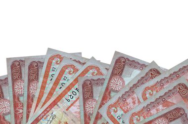 Ekranın alt tarafında 20 Nepal rupi banknot var. Beyaz arka planda izole edilmiş ve fotokopi alanı var. Paralı iş kavramları için arkaplan afişi şablonu