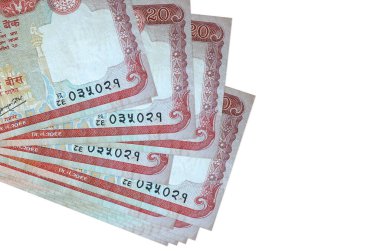 20 Nepal rupisi küçük gruplar halinde ya da beyaza izole edilmiş paketler halinde yatar. Kopyalama alanı olan bir model. İş ve para değişimi kavramı