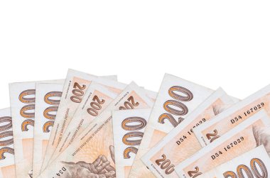 Ekranın alt tarafında 200 Çek korun banknotu var. Beyaz arka planda, kopyalama alanı ile izole edilmiş. Paralı iş kavramları için arkaplan afişi şablonu