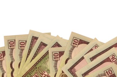 Ekranın alt tarafında 10 Nepal rupi banknot var. Beyaz arka planda izole edilmiş ve fotokopi alanı var. Paralı iş kavramları için arkaplan afişi şablonu