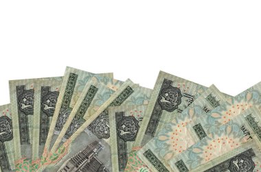 Ekranın alt tarafında 20 Mısırlı banknot var. Beyaz arka planda izole edilmiş ve fotokopi alanı var. Paralı iş kavramları için arkaplan afişi şablonu