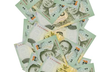 20 Tayland Baht senedi beyazlar üzerinde uçuyor. Birçok banknot sol ve sağ tarafta beyaz kopya alanı ile düşüyor