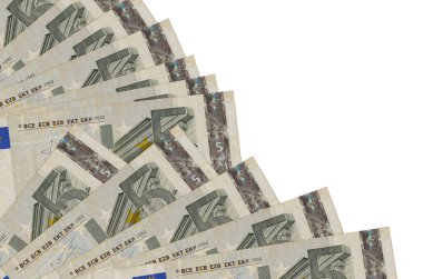 5 avroluk banknotlar beyaz arka planda izole edilmiş, fotokopi alanı da yakın planda. Maaş zamanı kavramı veya finansal işlemler