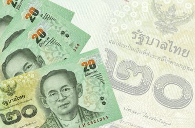 20 Tayland Baht faturası büyük yarı şeffaf banknotun arka planında duruyor. Kopyalama alanı olan soyut iş arkaplanı