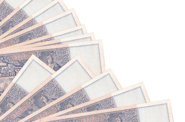 100 Reich banknotları beyaz arka planda izole edilmiş, fotokopi alanı da pervaneye yakın duruyor. Maaş zamanı kavramı veya finansal işlemler