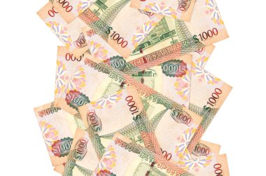 Beyaz üzerinde izole edilmiş 1000 Guyanese doları uçuyor. Birçok banknot sol ve sağ tarafta beyaz kopya alanı ile düşüyor