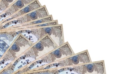 500 Nepal Rupisi banknotları beyaz arka planda izole edilmiş, fotokopi alanı da pervaneye yakın duruyor. Maaş zamanı kavramı veya finansal işlemler