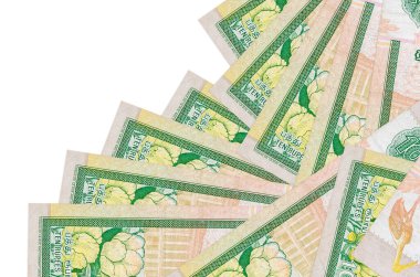 10 Sri Lanka rupisi banknotları beyaza izole edilmiş farklı bir sırayla yatar. Yerel bankacılık ya da para kazanma konsepti. İş arkaplanı afişi