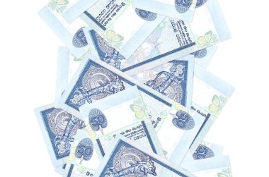 50 Sri Lanka Rupisi banknotları beyaza izole edilmiş olarak geliyor. Birçok banknot sol ve sağ tarafta beyaz kopya alanı ile düşüyor