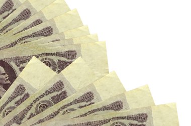 25 Rus Rublesi banknotları beyaz arka planda izole bir şekilde duruyor ve fotokopi alanı da pervaneye yakın duruyor. Maaş zamanı kavramı veya finansal işlemler