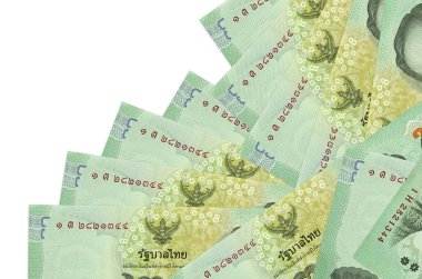 20 Tayland Baht banknotu beyaza izole edilmiş farklı bir sırayla yatar. Yerel bankacılık ya da para kazanma konsepti. İş arkaplanı afişi