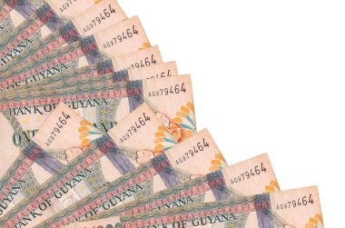 1000 Guyanese dolarlık banknotlar beyaz arka planda izole bir şekilde duruyor. Fan kaplamasında da fotokopi alanı var. Maaş zamanı kavramı veya finansal işlemler