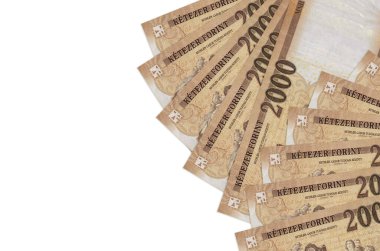 2000 Macar forint banknotları beyaz arka planda fotokopi alanı ile izole edilmiş. Zengin yaşam kavramsal geçmişi. Büyük miktarda ulusal para birimi zenginliği