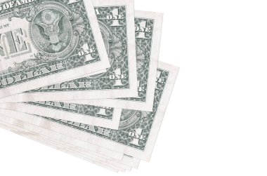 1 Amerikan doları banknotlar küçük gruplar halinde ya da beyaz paketler halinde uzanıyor. Kopyalama alanı olan bir model. İş ve para değişimi kavramı