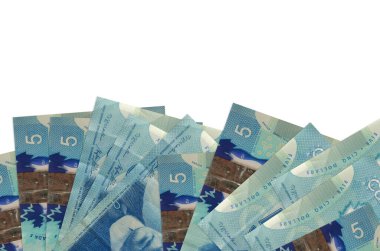 Ekranın alt tarafında, beyaz arka planda, kopya alanı ile izole edilmiş 5 Kanada doları banknot bulunuyor. Paralı iş kavramları için arkaplan afişi şablonu