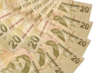 20 Türk lirası beyaz zemin üzerinde izole edilmiş, fotokopi alanı da fan şeklinde dizilmiş. Finansal işlemler kavramı
