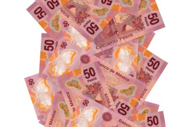 50 Meksika pezosu beyazın üzerinde tek başına uçuyor. Birçok banknot sol ve sağ tarafta beyaz kopya alanı ile düşüyor