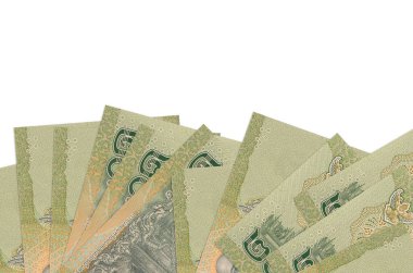 Ekranın alt tarafında 20 Tayland Baht banknotu var. Beyaz arka planda izole edilmiş ve fotokopi alanı var. Paralı iş kavramları için arkaplan afişi şablonu