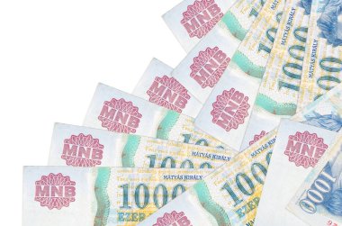 Beyaz üzerine izole edilmiş 1000 Macar forint banknotu farklı bir sırayla yatar. Yerel bankacılık ya da para kazanma konsepti. İş arkaplanı afişi