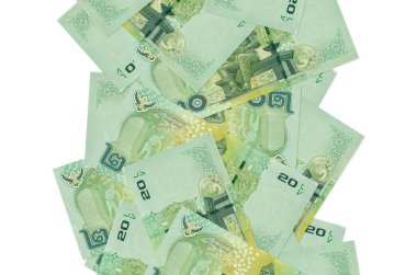 20 Tayland Baht senedi beyazlar üzerinde uçuyor. Birçok banknot sol ve sağ tarafta beyaz kopya alanı ile düşüyor