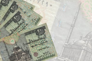 Büyük yarı saydam banknotların arka planında 20 Mısır sterlini var. Kopyalama alanı olan soyut iş arkaplanı