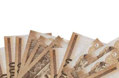 2000 Macar forint banknotları ekranın alt tarafında, beyaz arka planda, kopyalama alanı ile izole edilmiş olarak bulunur. Paralı iş kavramları için arkaplan afişi şablonu