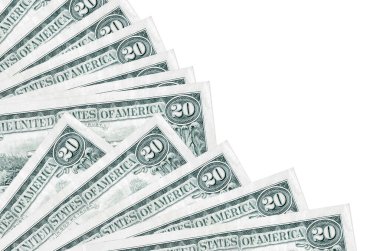 20 dolarlık banknotlar beyaz arka planda izole edilmiş, fotokopi alanı da yakın planda tutuluyor. Maaş zamanı kavramı veya finansal işlemler