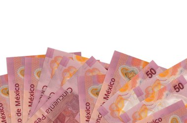 Ekranın alt tarafında 50 Meksika pezosu var. Beyaz arka planda izole edilmiş ve fotokopi alanı var. Paralı iş kavramları için arkaplan afişi şablonu