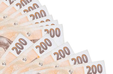 200 Çek korun banknotu beyaz arka planda izole edilmiş ve hayranları arasında fotokopi alanı var. Maaş zamanı kavramı veya finansal işlemler
