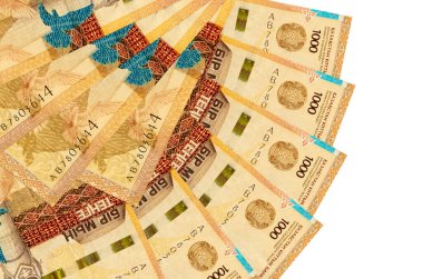 1000 adet Kazakistan tenge banknotu beyaz arka planda izole edilmiş ve fotokopi alanı pervane şeklinde dizilmiş. Finansal işlemler kavramı