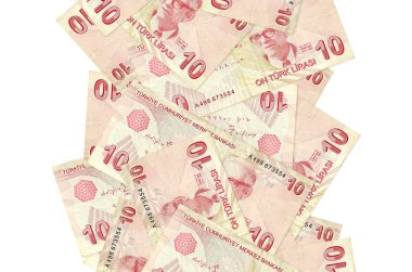 10 Türk lirası beyazın üzerinde izole bir şekilde uçuyor. Birçok banknot sol ve sağ tarafta beyaz kopya alanı ile düşüyor