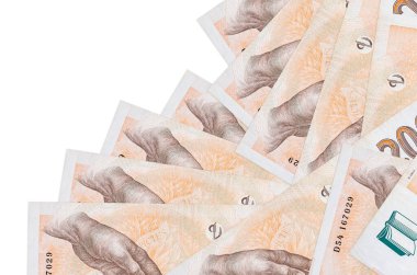 200 Çek korun banknotu beyaza izole edilmiş farklı bir sırayla yatar. Yerel bankacılık ya da para kazanma konsepti. İş arkaplanı afişi
