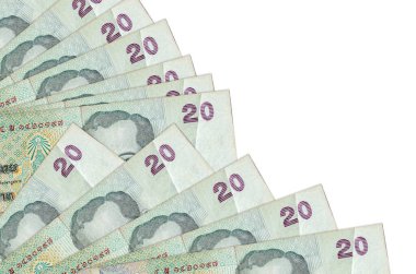 20 Tayland Baht banknotları beyaz arka planda izole edilmiş, fotokopi alanı da pervaneye yakın duruyor. Maaş zamanı kavramı veya finansal işlemler