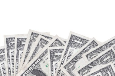 Ekranın alt tarafında 1 Amerikan doları banknotları var. Beyaz arka planda izole edilmiş ve fotokopi alanı var. Paralı iş kavramları için arkaplan afişi şablonu