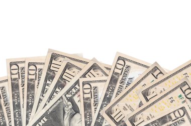 Ekranın alt tarafında 10 dolarlık banknotlar var. Beyaz arka planda izole edilmiş ve fotokopi alanı var. Paralı iş kavramları için arkaplan afişi şablonu