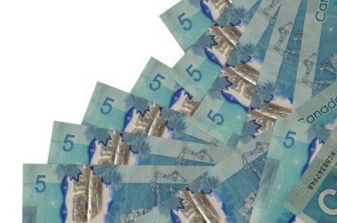 5 Kanadalı dolar banknotlar beyaz üzerine izole edilmiş farklı bir sırayla yatar. Yerel bankacılık ya da para kazanma konsepti. İş arkaplanı afişi