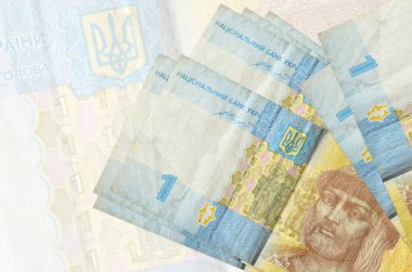 1 Ukrayna Hryvnia faturası büyük yarı şeffaf banknotun arka planında duruyor. Ulusal para biriminin soyut sunumu. İş konsepti